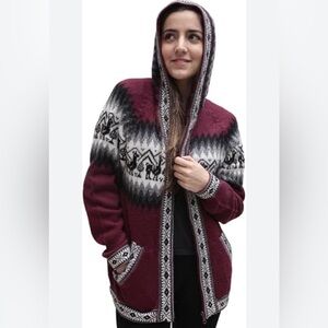 Alpaca Warehouse Wool Zipper Hooded Cardigan Sweater Sz Medium Rust/Black/Ivory